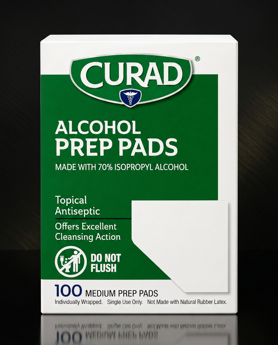 Alcohol Prep Pads 70% isopropyl alcohol · 100 count research vial