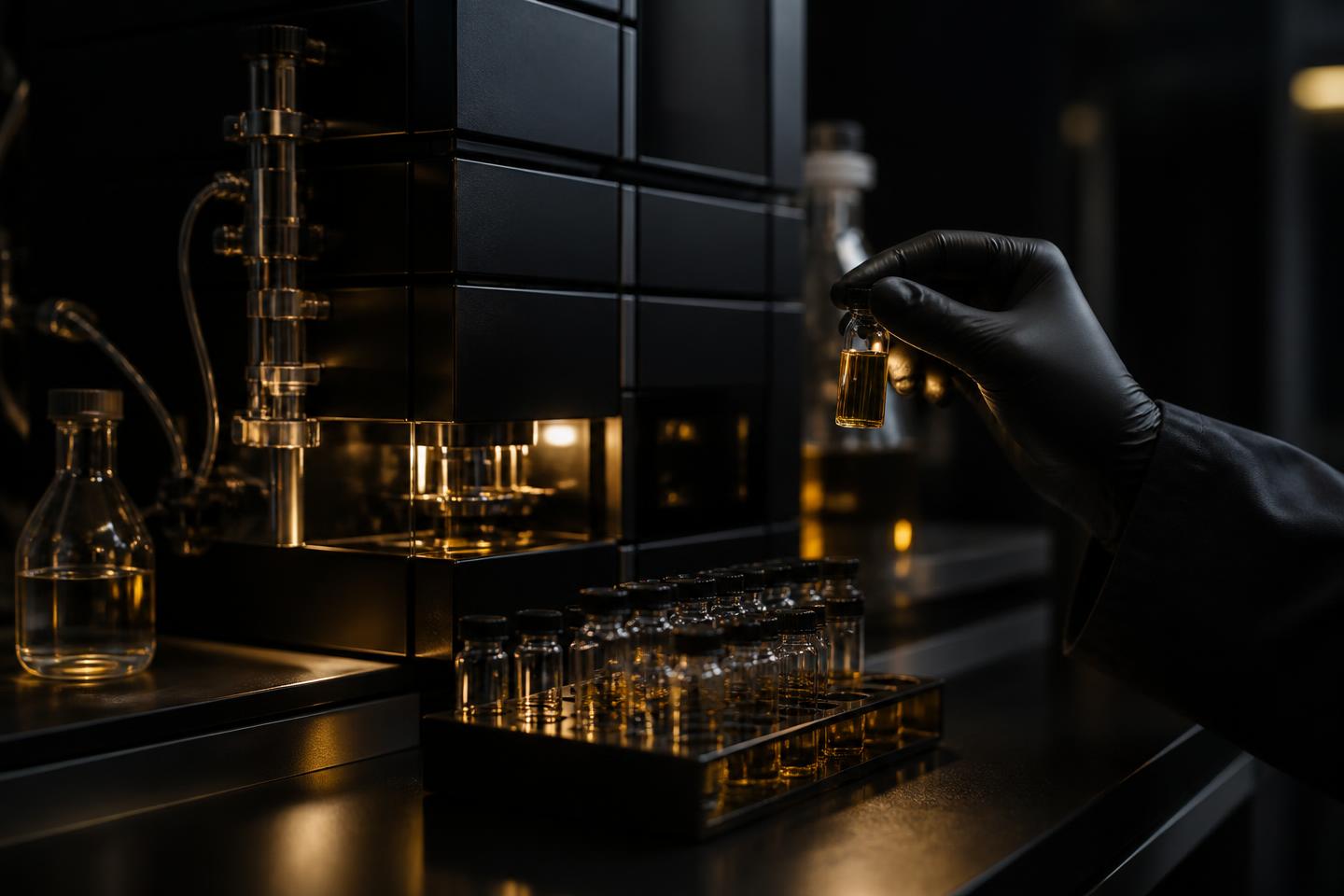 Analytical laboratory bench with vial rack and HPLC instrument under gold accent lighting